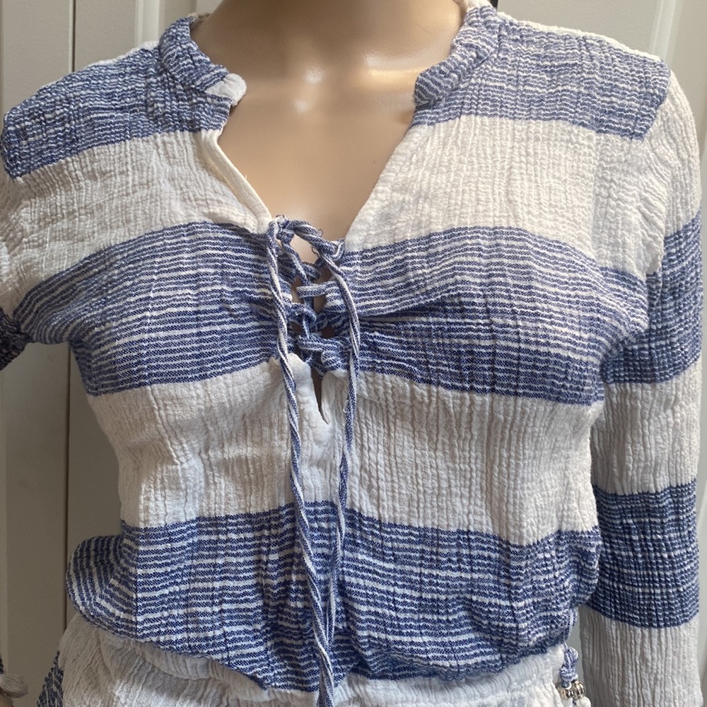 Blue Island Womens L Boho Fringe Long Sleeve Top. Blue and White stripes. - Picture 4 of 12